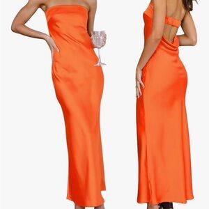 Strapless Orange Satin Evening Dress